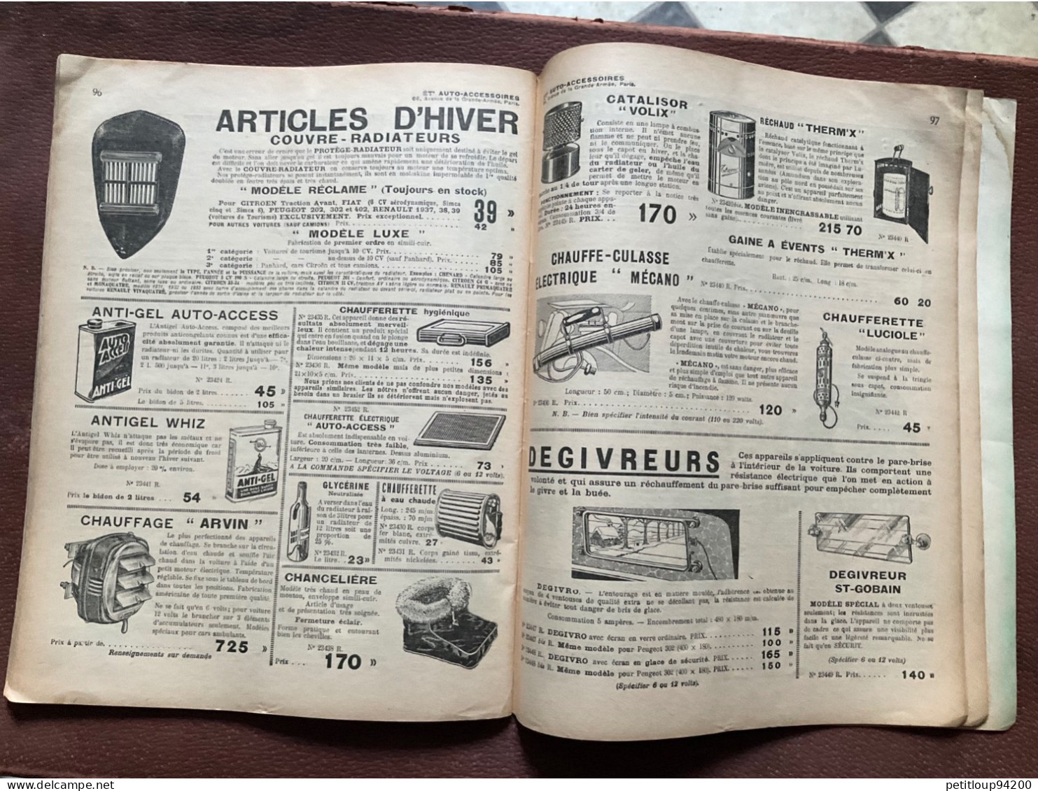 DOCUMENT COMMERCIAL Catalogue  AUTO-ACCESSOIRES  Paris  ANNÉE 1939