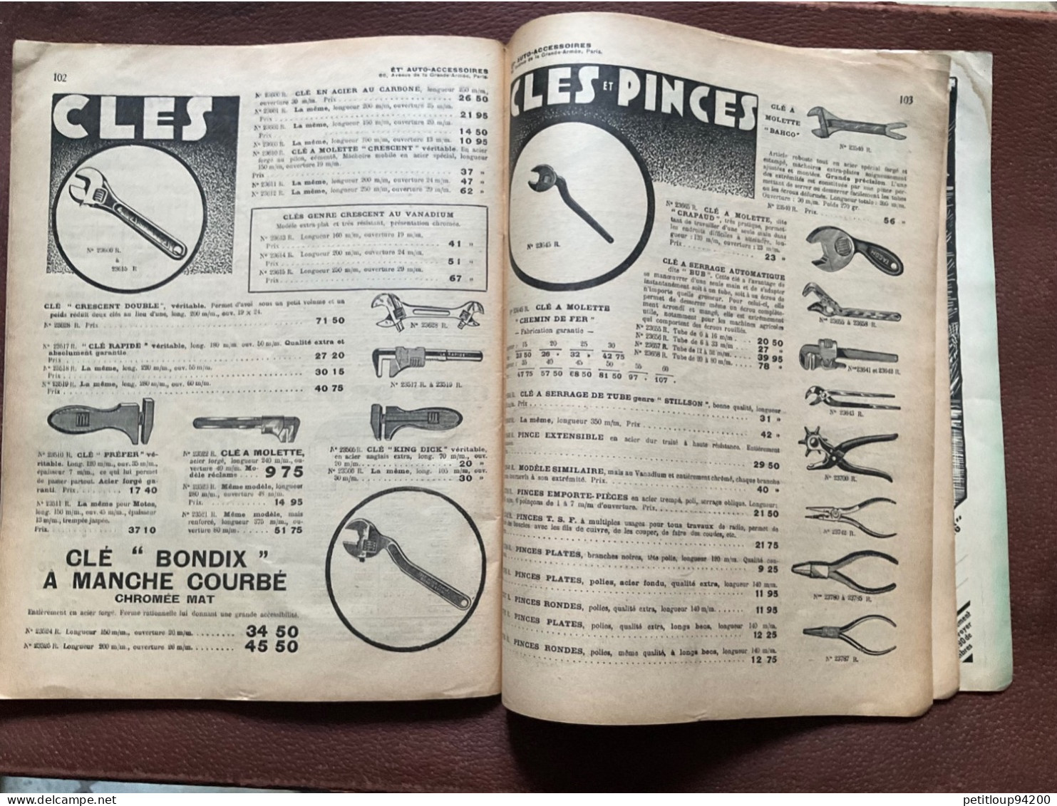 DOCUMENT COMMERCIAL Catalogue  AUTO-ACCESSOIRES  Paris  ANNÉE 1939