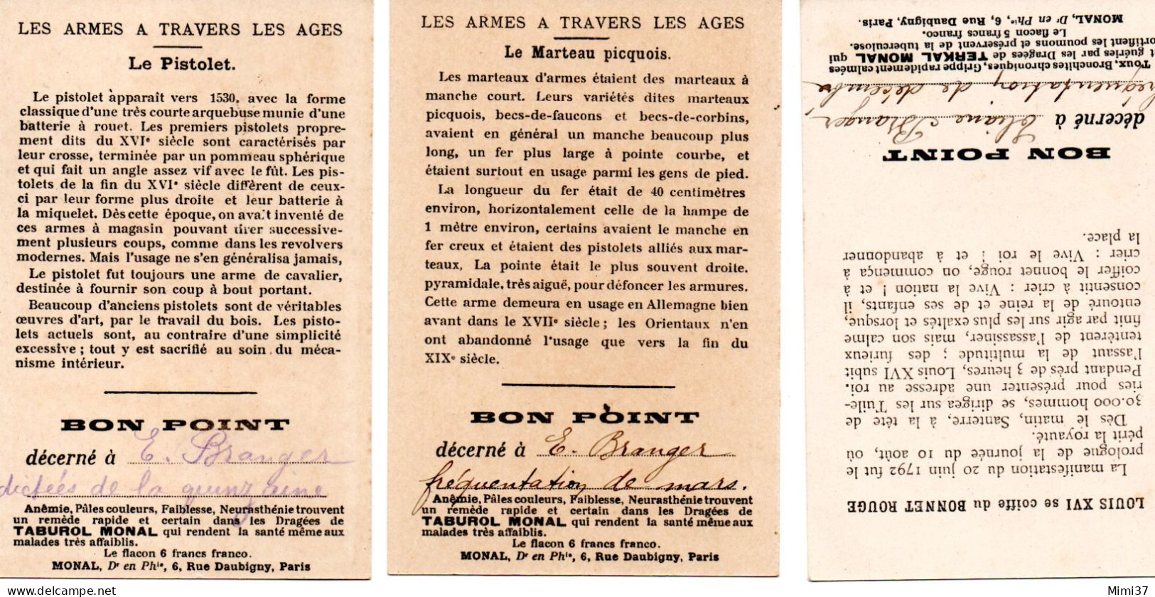 LOT DE TROIS BONS POINTS ANNEES 1920-30 PUBLICITE PHARMACIE MONAL - Diplômes & Bulletins Scolaires