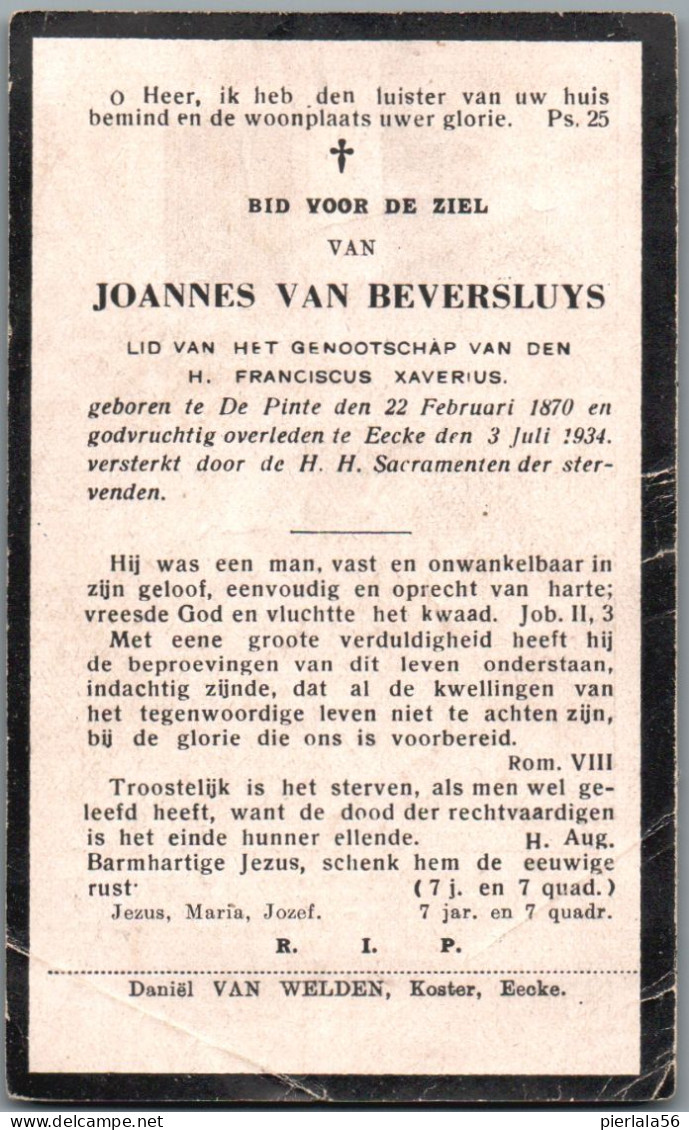 Bidprentje De Pinte - Van Beversluys Joannes (1870-1934) Hoekplooi - Images Religieuses