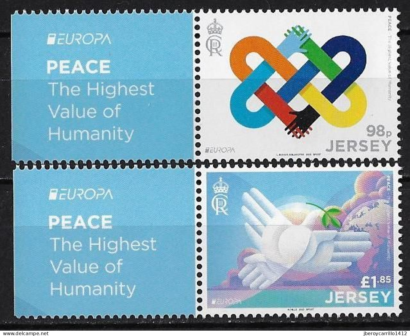 JERSEY - EUROPA-CEPT 2023 -"PEACE -THE HIGHEST VALUE Of HUMANITY".-  SERIE De 2 V. - + VIÑETA "PEACE" - 2023