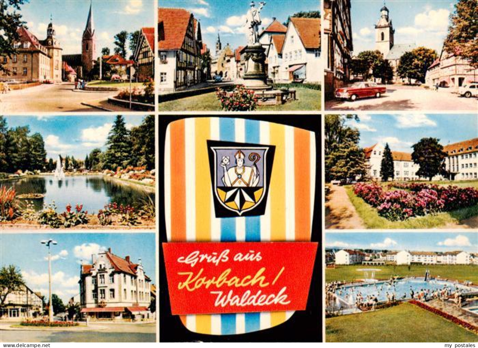 73935506 Korbach Teilansichten Zentrum Brunnen Kirche Freibad Wappen - Korbach