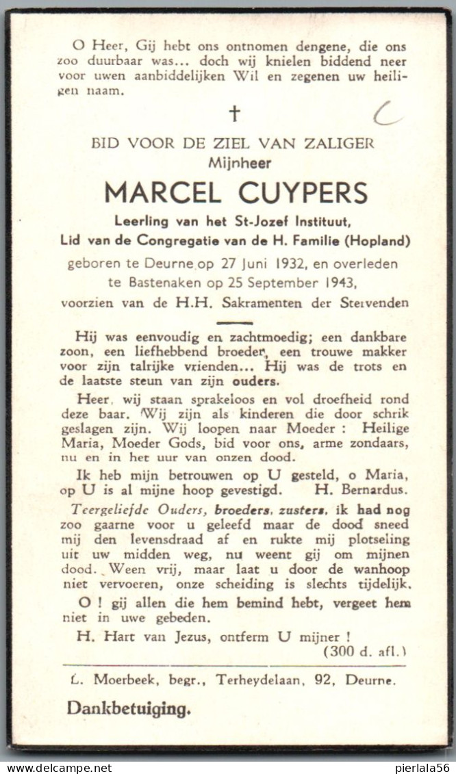 Bidprentje Deurne - Cuypers Marcel (1932-1943) - Images Religieuses