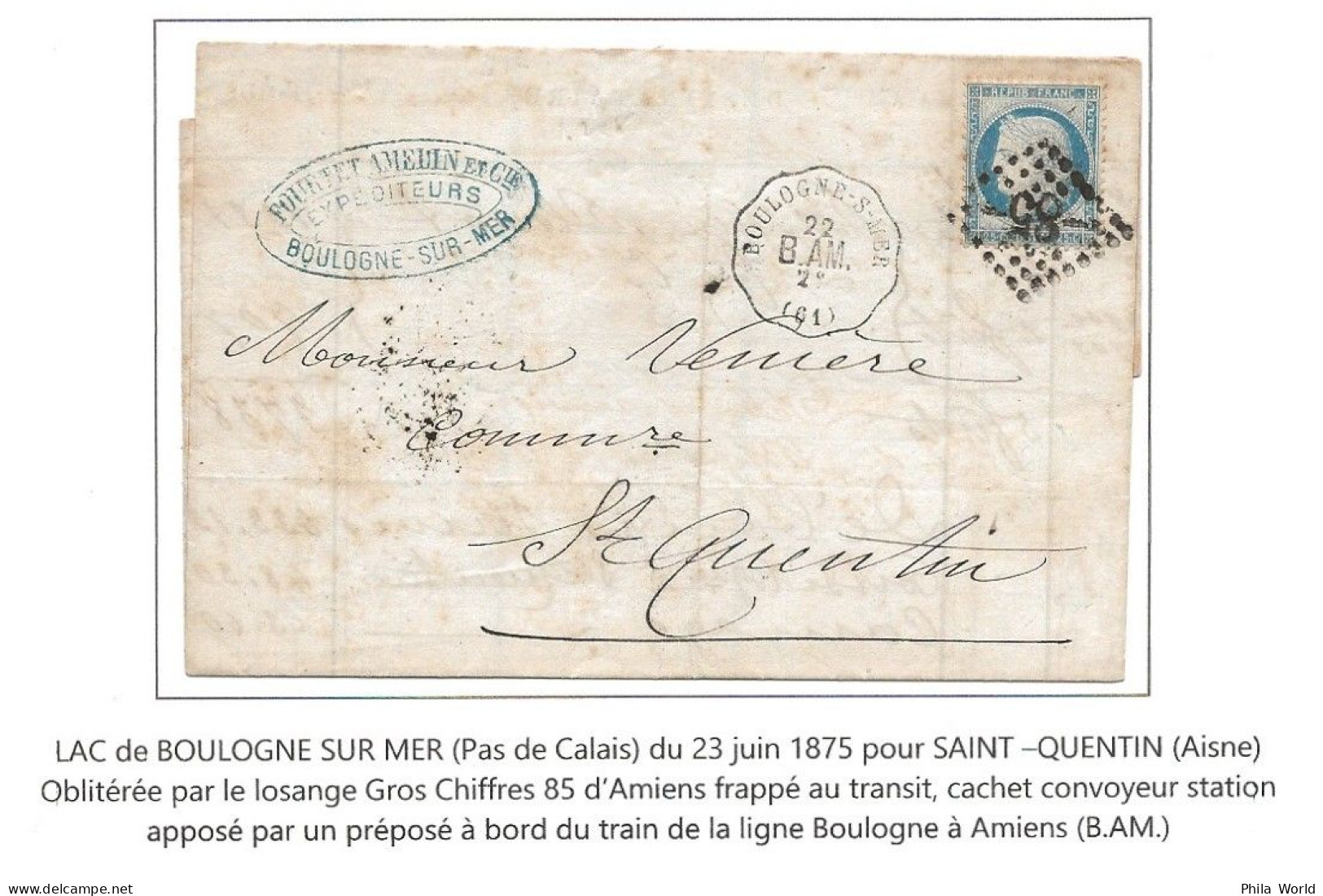 FRANCE LAC 1875 Ceres Republique 25c Boulogne S Mer Pas De Calais GC 85 AMIENS Cachet Convoyeur Station Train BAM B.AM. - 1871-1875 Cérès