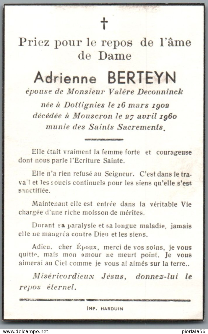 Bidprentje Dottignies - Berteyn Adrienne (1902-1960) - Images Religieuses