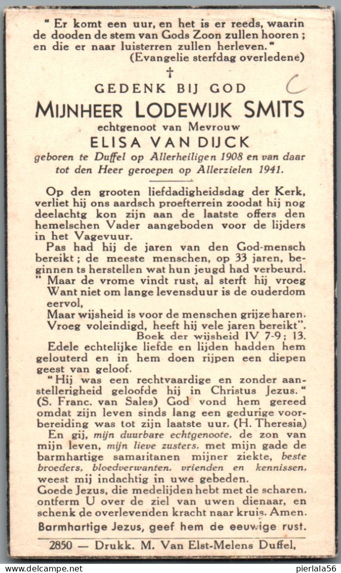 Bidprentje Duffel - Smits Lodewijk (1908-1941) - Andachtsbilder