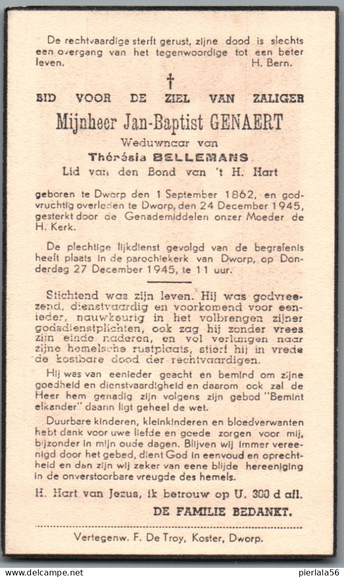Bidprentje Dworp - Genaert Jan Baptist (1862-1945) - Andachtsbilder
