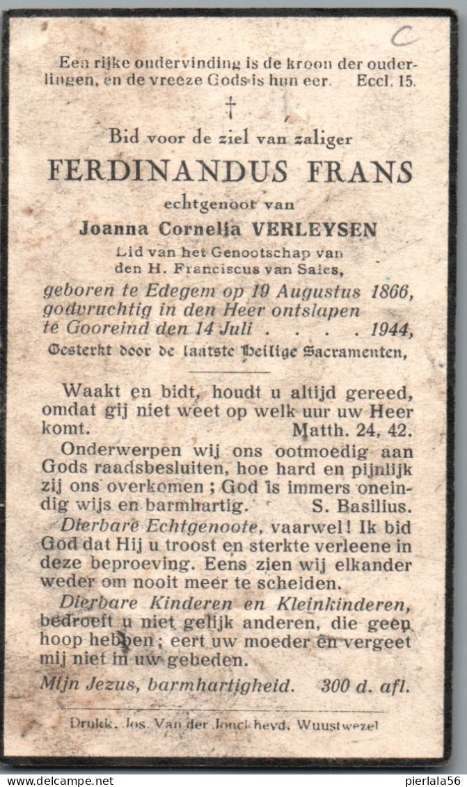 Bidprentje Edegem - Ferdinandus Frans (1866-1944) - Santini