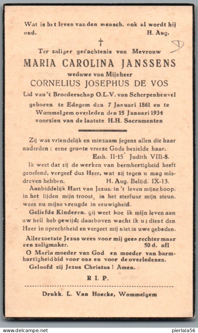 Bidprentje Edegem - Janssens Maria Carolina (1861-1934) - Images Religieuses