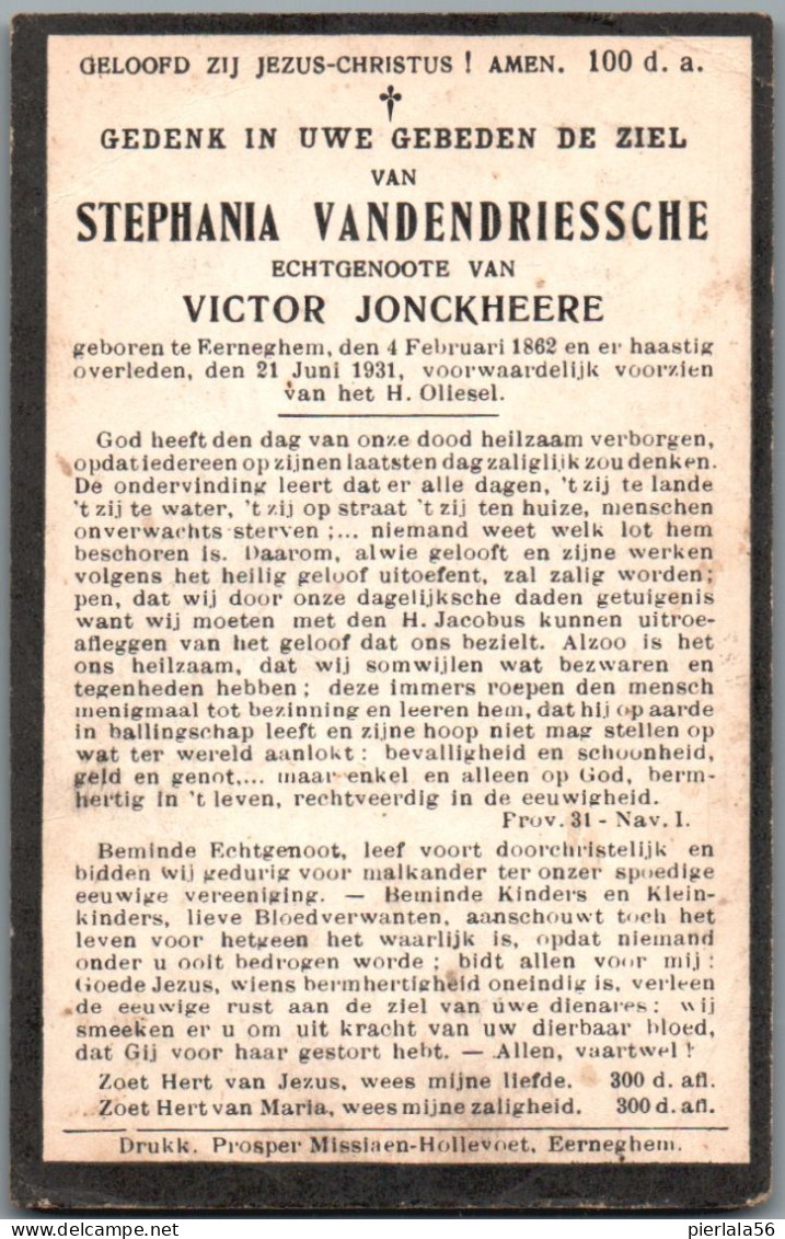 Bidprentje Eernegem - Vandendriessche Stephania (1862-1931) - Images Religieuses