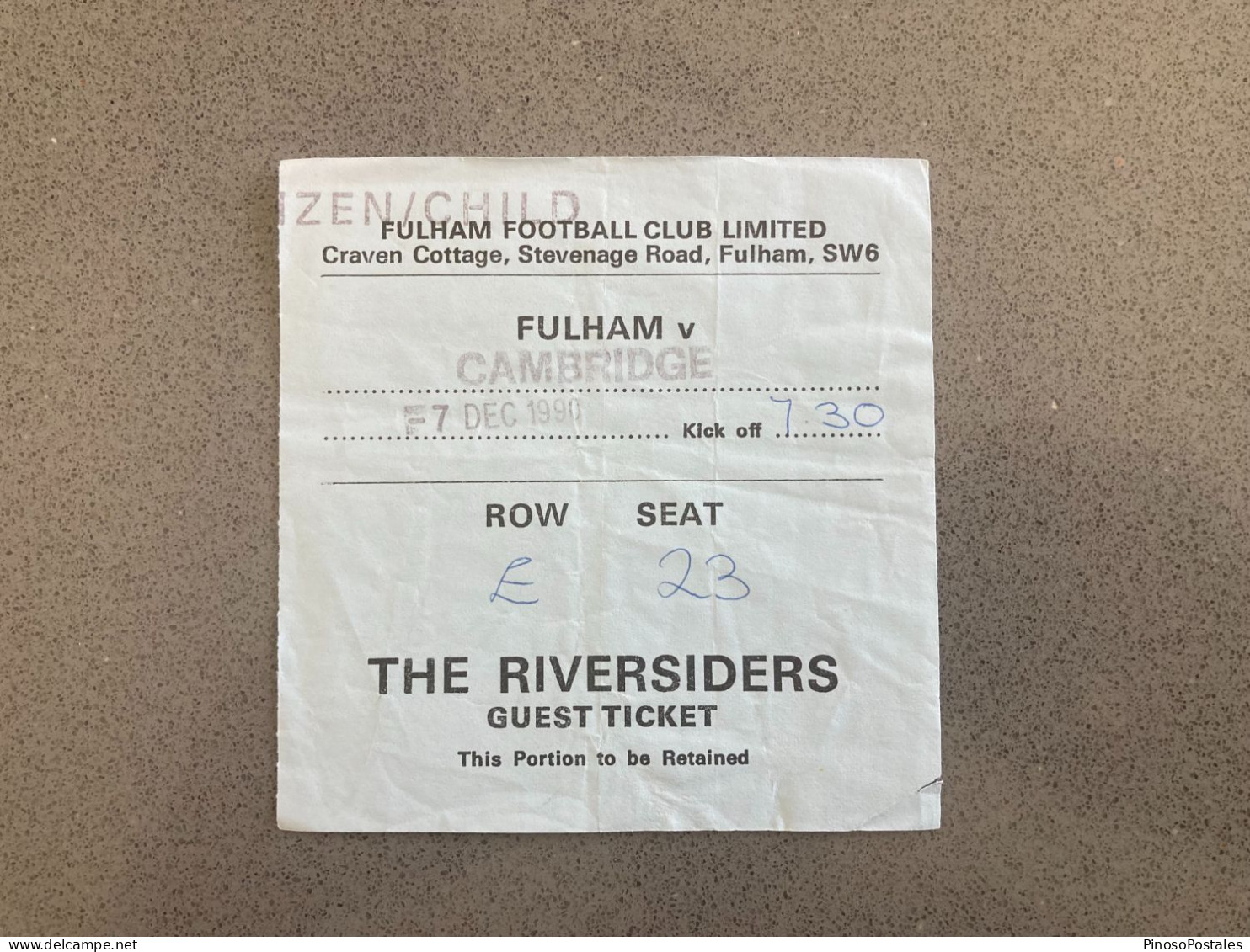 Fulham V Cambridge United 1990-91 Match Ticket - Tickets & Toegangskaarten