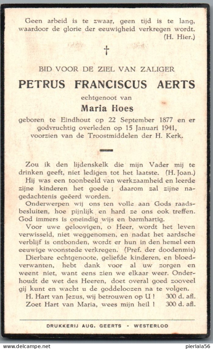 Bidprentje Eindhout - Aerts Petrus Franciscus (1877-1941) - Santini