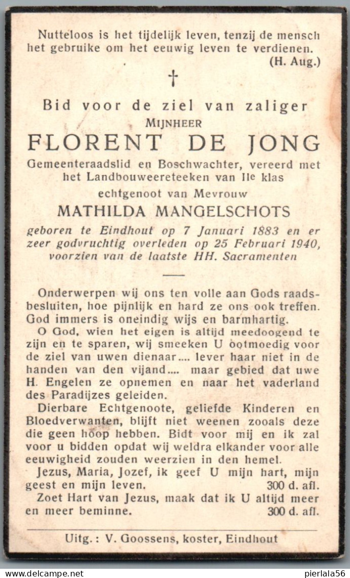 Bidprentje Eindhout - De Jong Florent (1883-1940) - Images Religieuses