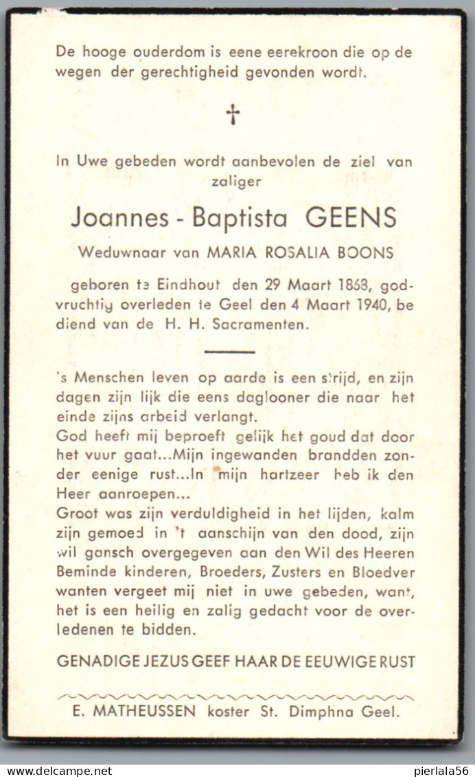 Bidprentje Eindhout - Geens Joannes Baptista (1868-1940) - Images Religieuses