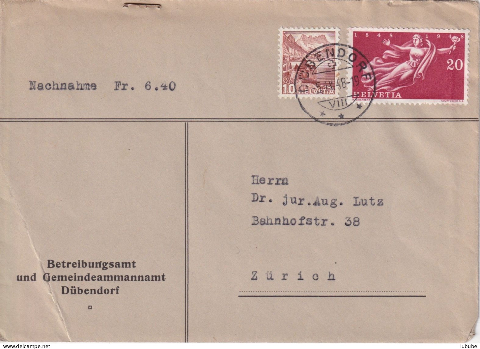 NN Brief  "Betreibungs- Und Gemeindeammannamt, Dübendorf"        1948 - Cartas & Documentos