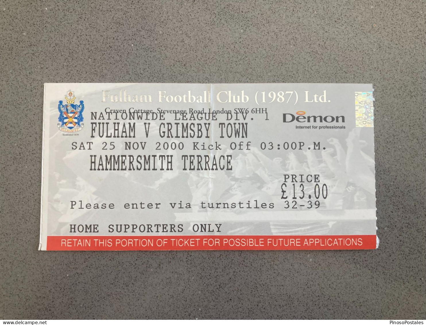 Fulham V Grimsby Town 2000-01 Match Ticket - Tickets - Entradas