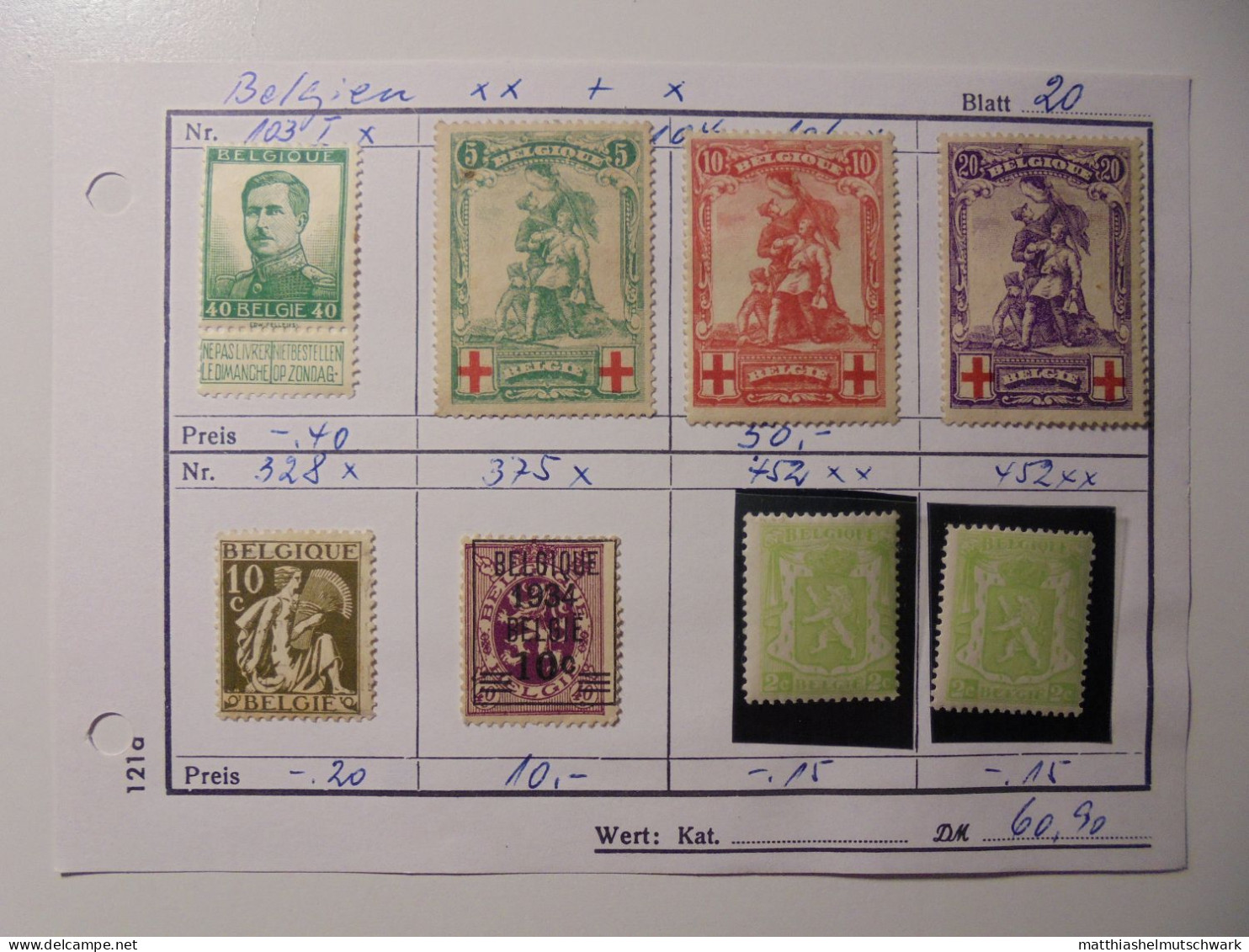 Auswahlheft Nr. 958 von 1988 8 Blätter 18 Briefmarken xx Belgien 1914-1982/Mi Nr. 103 I-