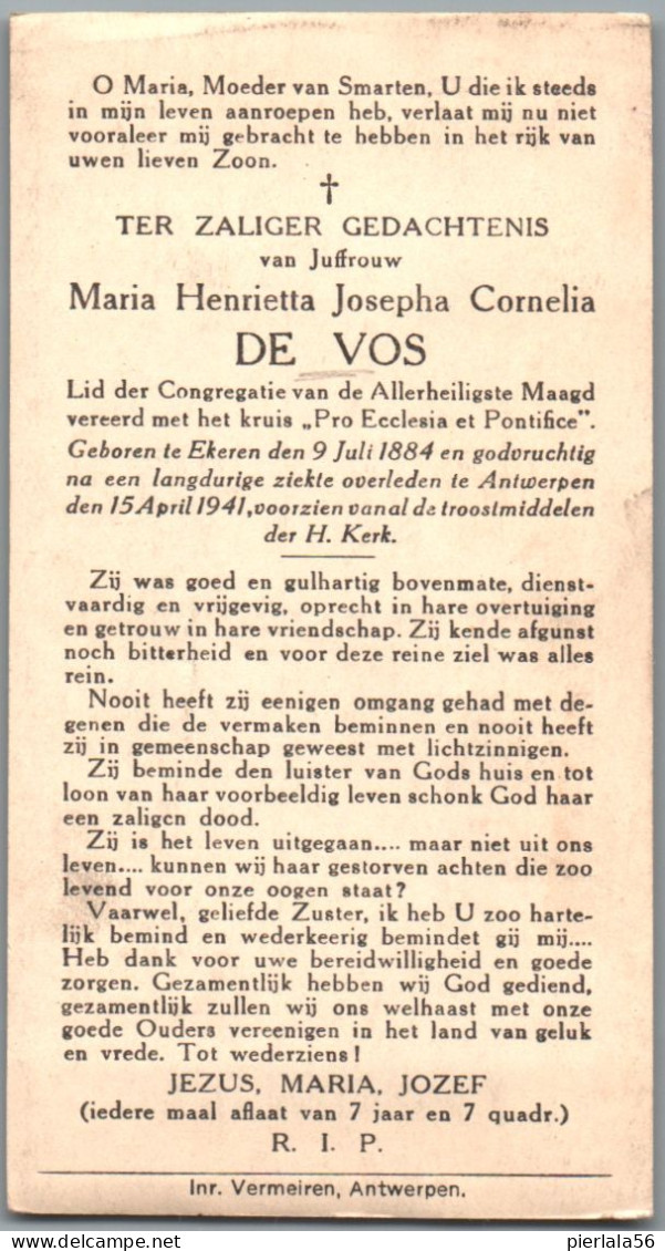 Bidprentje Ekeren - De Vos Maria Henrietta Josepha Cornelia (1884-1941) - Santini