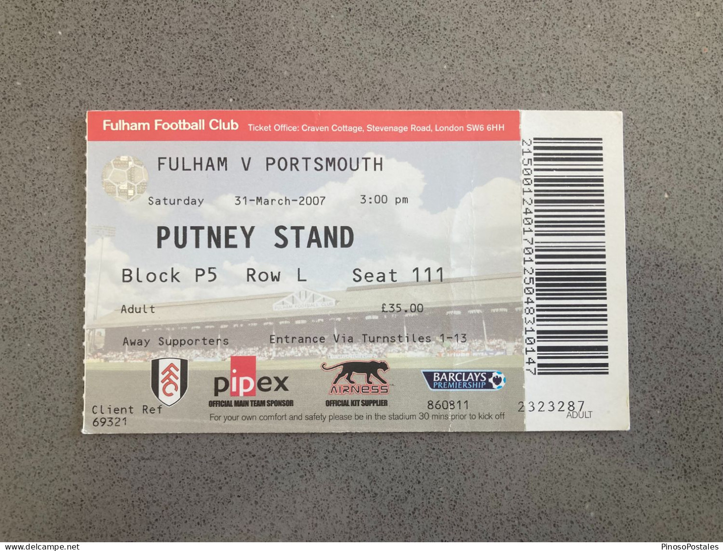 Fulham V Portsmouth 2006-07 Match Ticket - Eintrittskarten