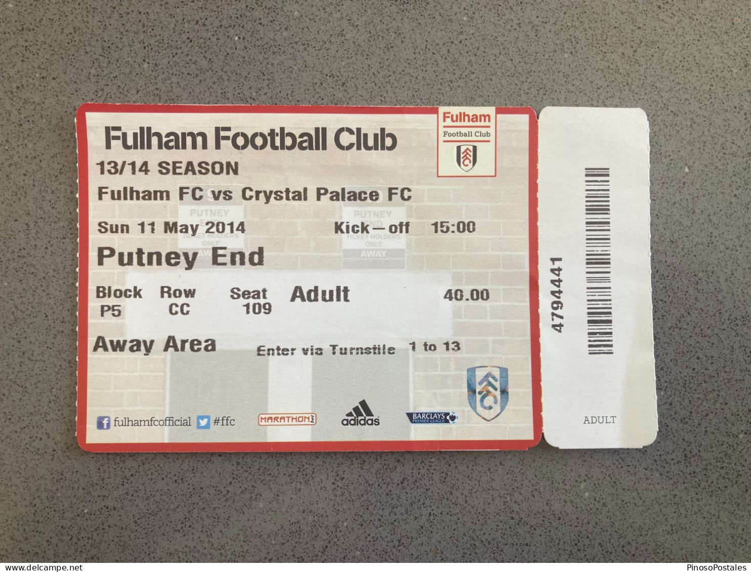 Fulham V Crystal Palace 2013-14 Match Ticket - Tickets - Entradas