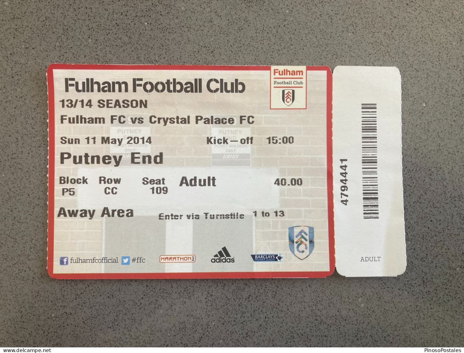 Fulham V Crystal Palace 2013-14 Match Ticket - Tickets D'entrée