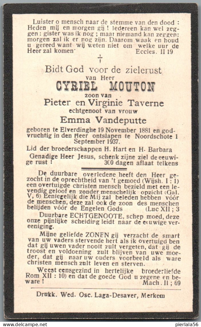 Bidprentje Elverdinge - Mouton Cyriel (1881-1937) - Devotion Images