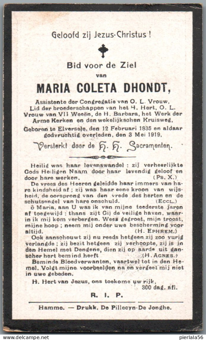 Bidprentje Elversele - Dhondt Maria Coleta (1835-1919) - Santini