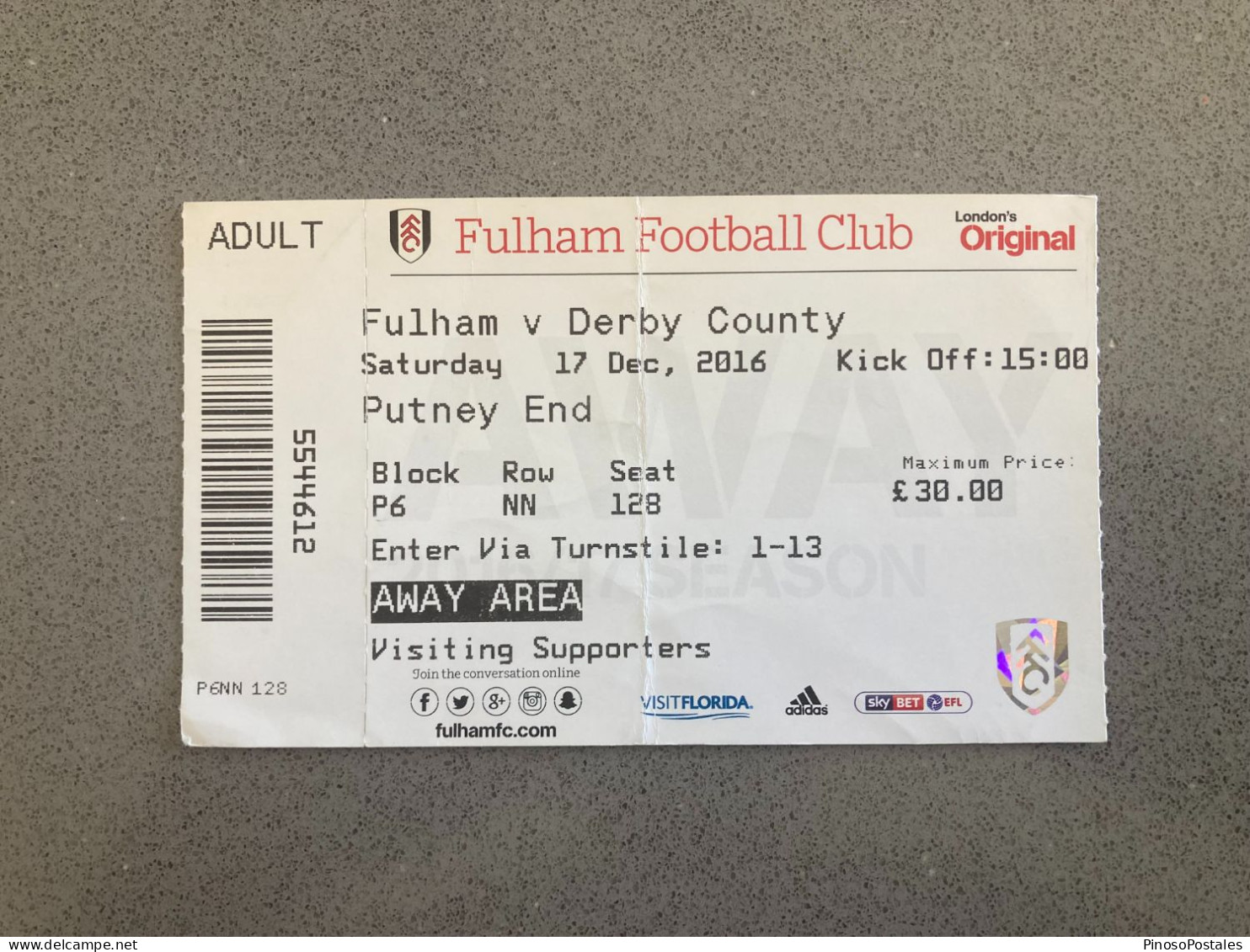 Fulham V Derby County 2016-17 Match Ticket - Tickets & Toegangskaarten