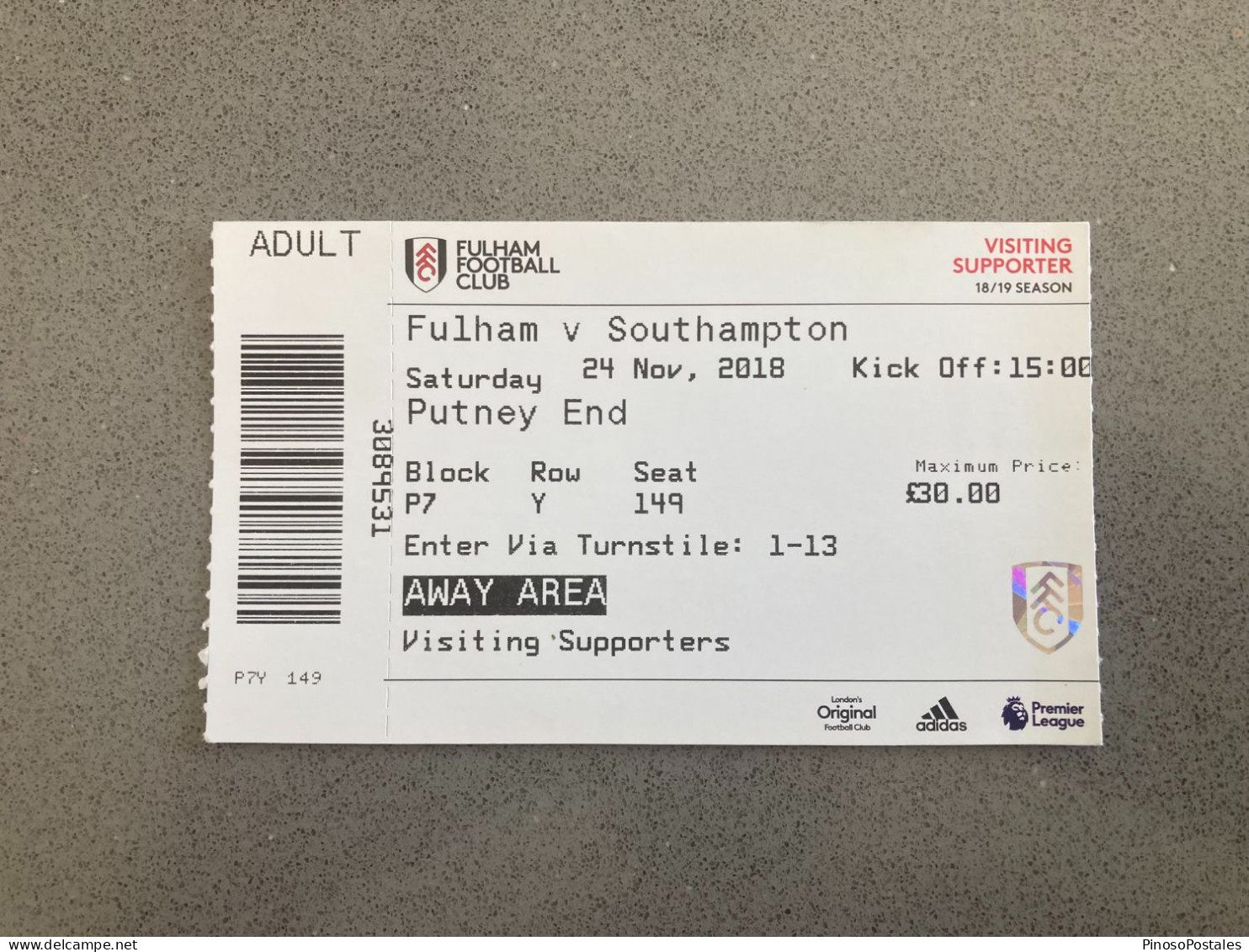 Fulham V Southampton 2018-19 Match Ticket - Eintrittskarten
