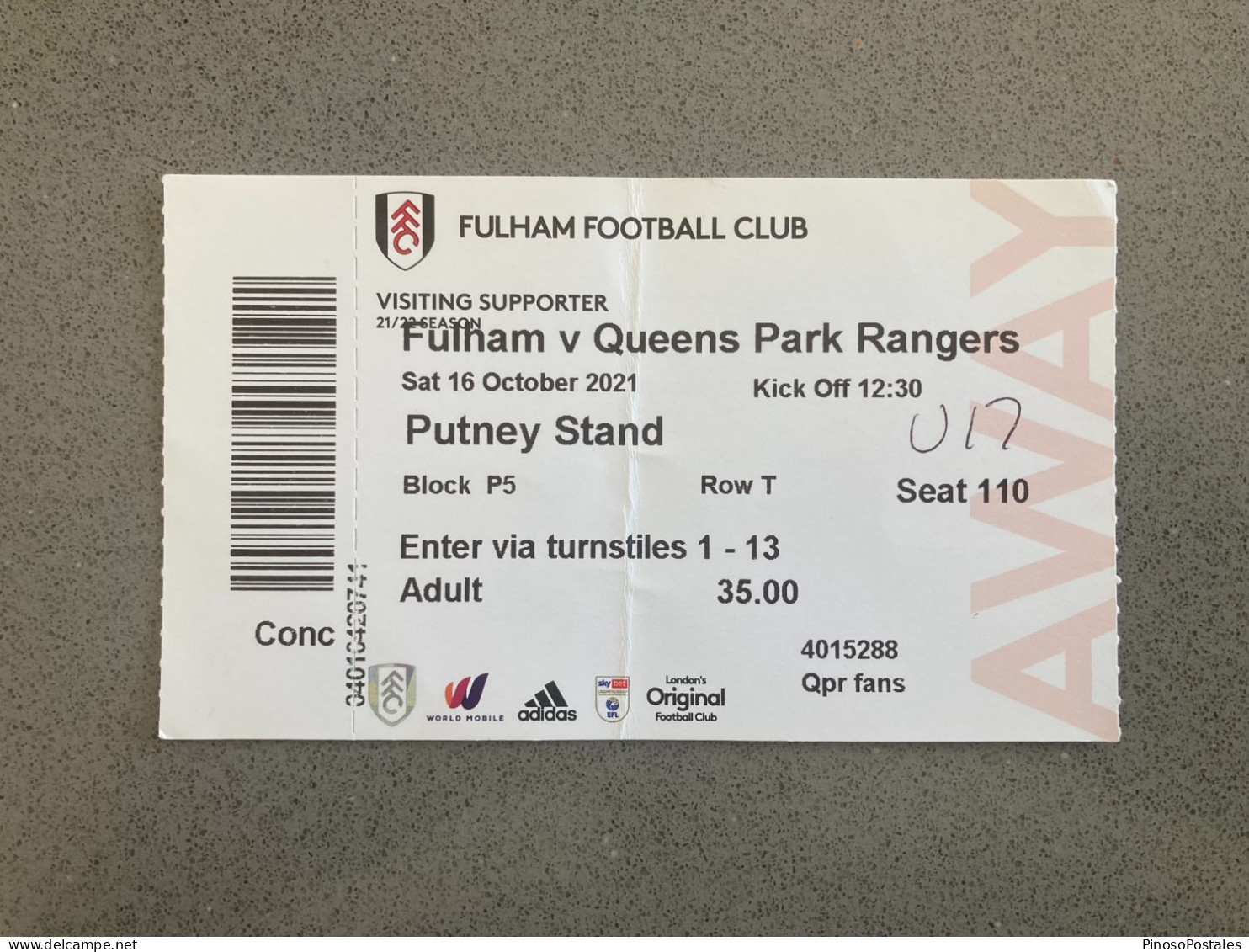 Fulham V Queens Park Rangers 2021-22 Match Ticket - Eintrittskarten