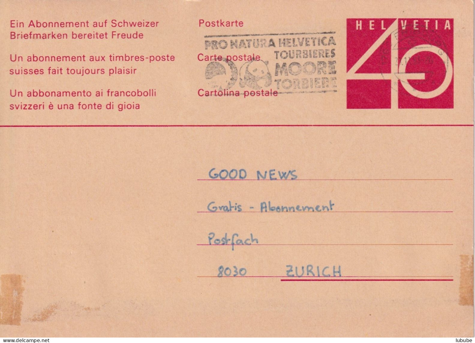 PK 208  Fribourg - Zürich  (Flagge: WWF / Pro Natura Helvetica, Moore)       1983 - Postwaardestukken