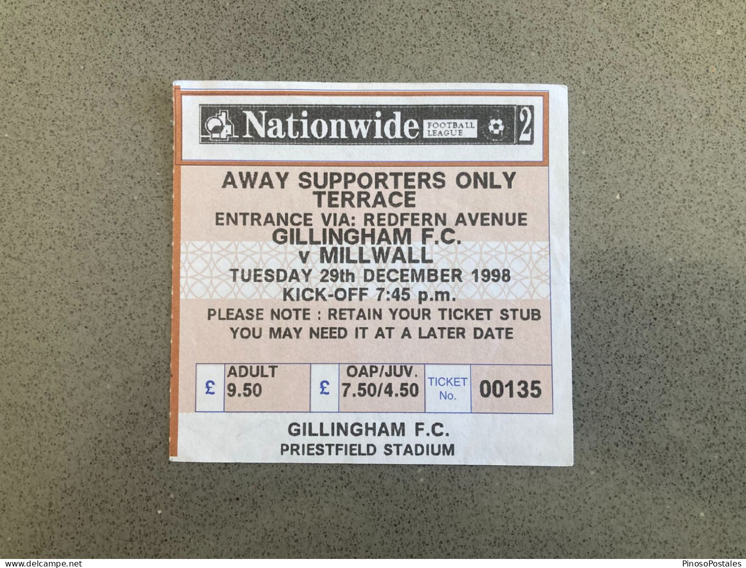 Gillingham V Millwall 1998-99 Match Ticket - Match Tickets