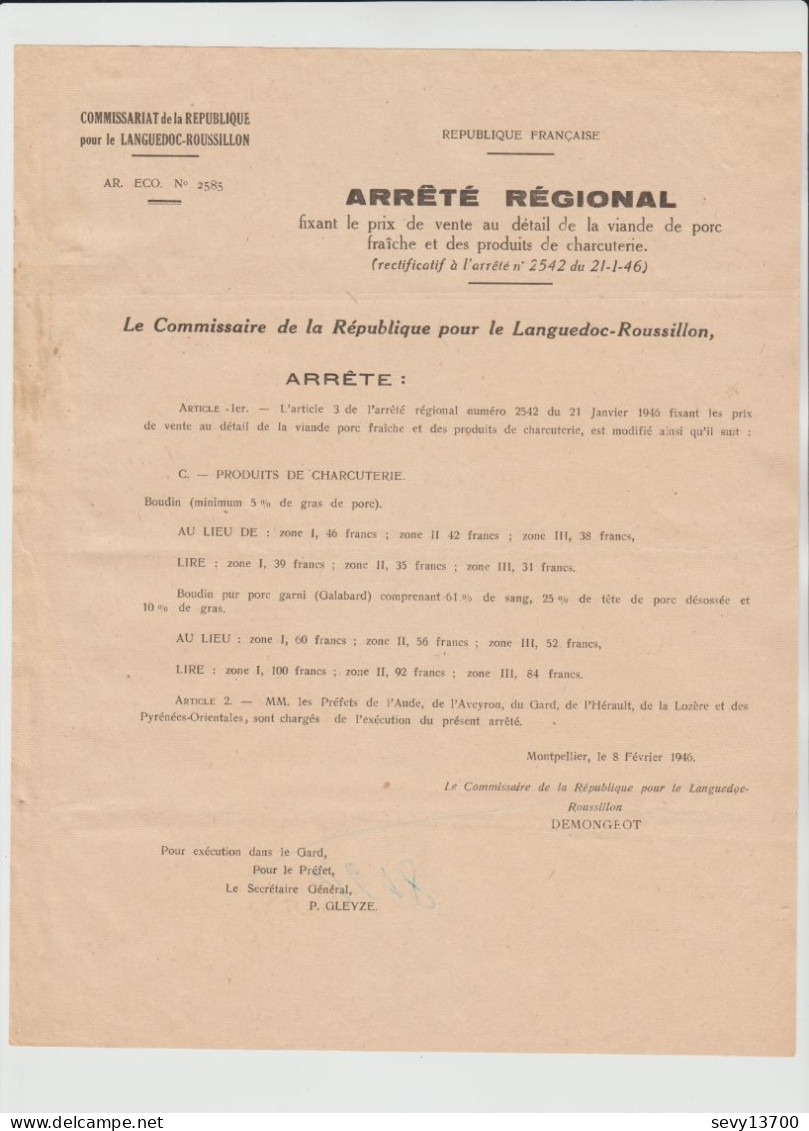 8 Février 1946 Arrêté Régional Languedoc Roussillon Fixant Le Prix De Vente Au Détail De La Viande De Porc Fraîche - Gesetze & Erlasse