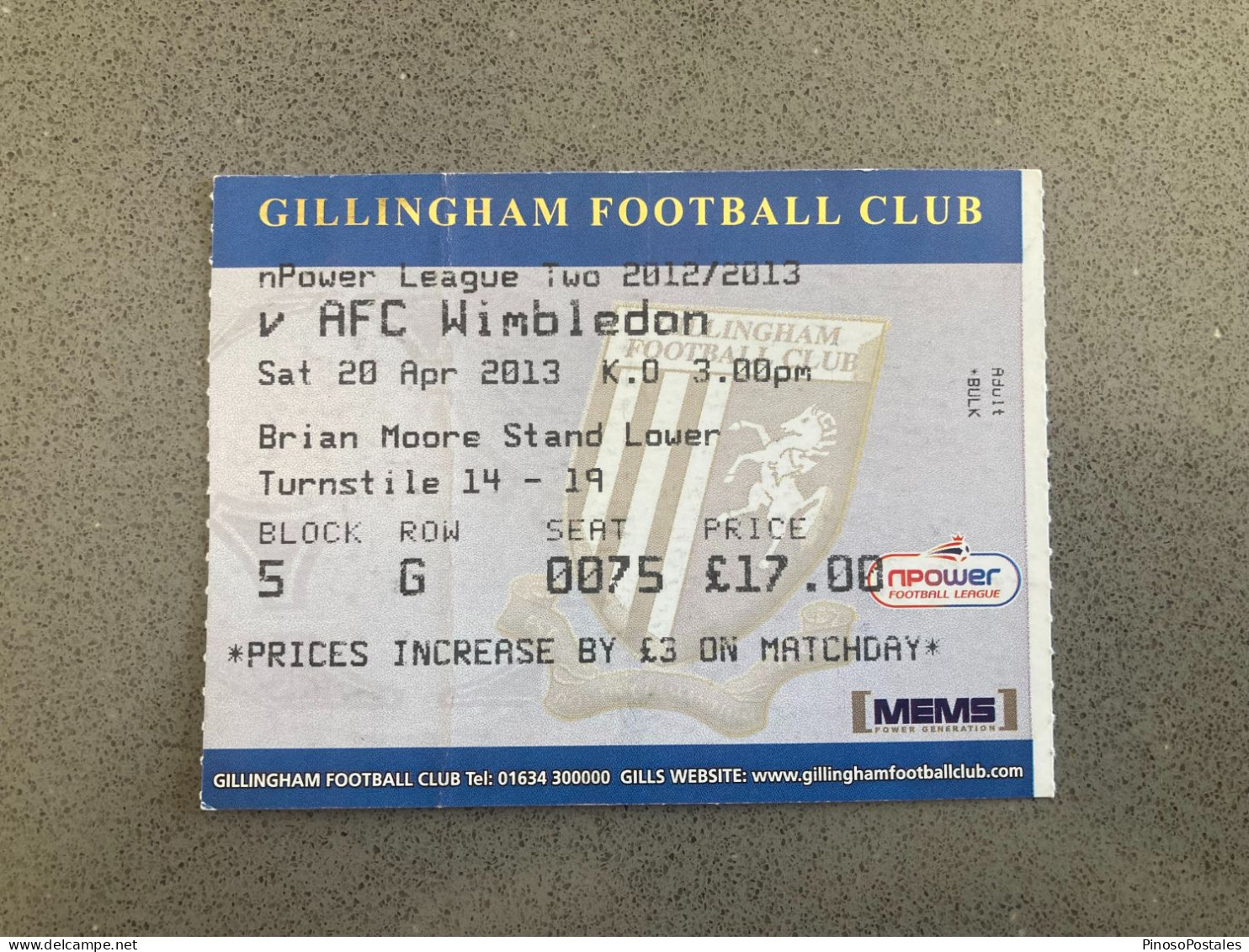 Gillingham V Wimbledon 2012-13 Match Ticket - Eintrittskarten