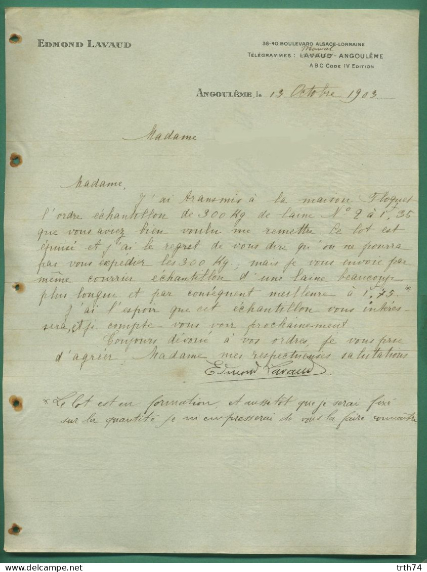 16 Angoulême Lavaud Edmond ( Texte échantillon De Laine ) 13 Octobre 1903 - Bank En Verzekering