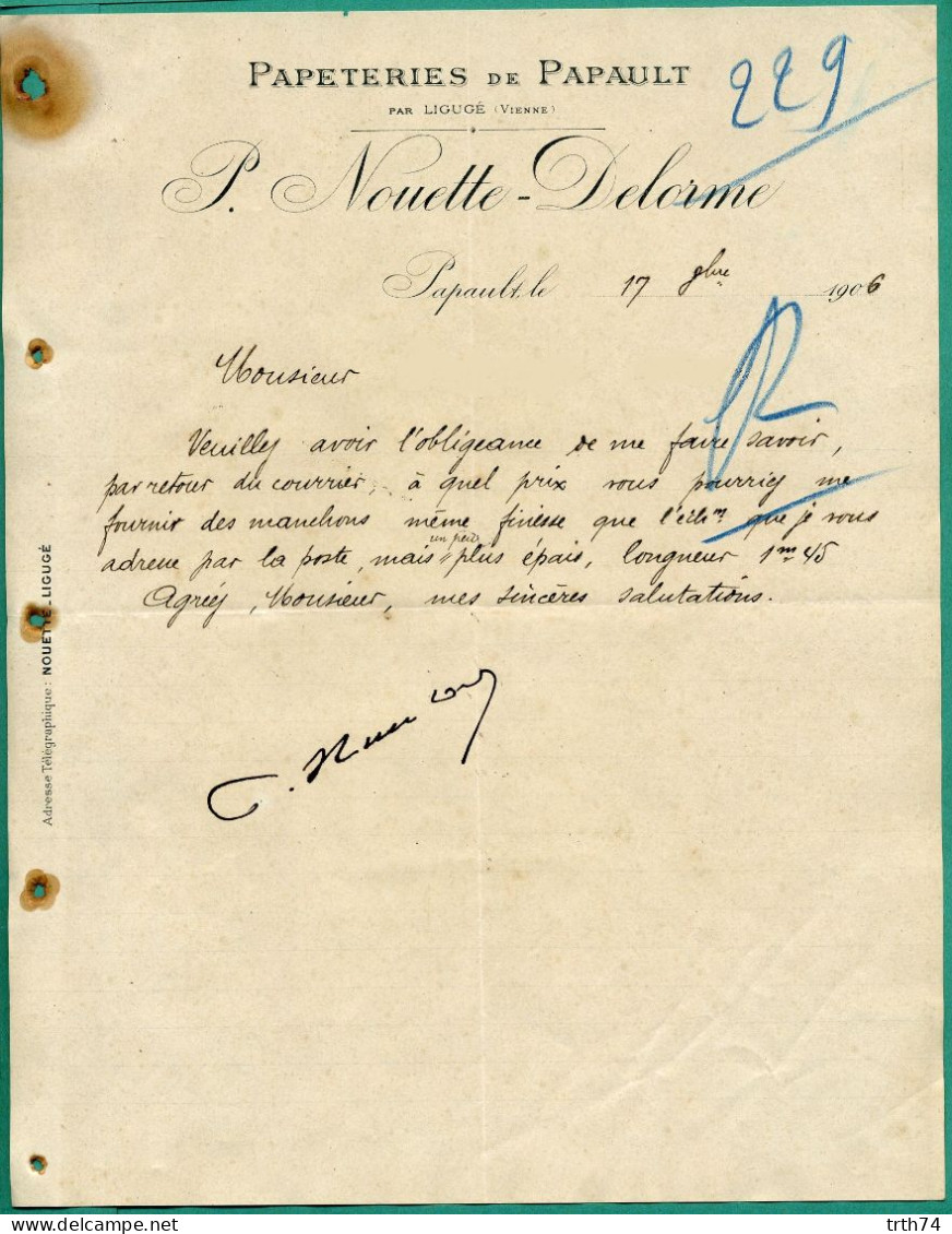 86 Papault Par Ligugé ( Environ De Poitiers Vivonne Lusignan ) Papeterie De Papault P Nouette Delorme 17 Octobre 1906 - Druck & Papierwaren