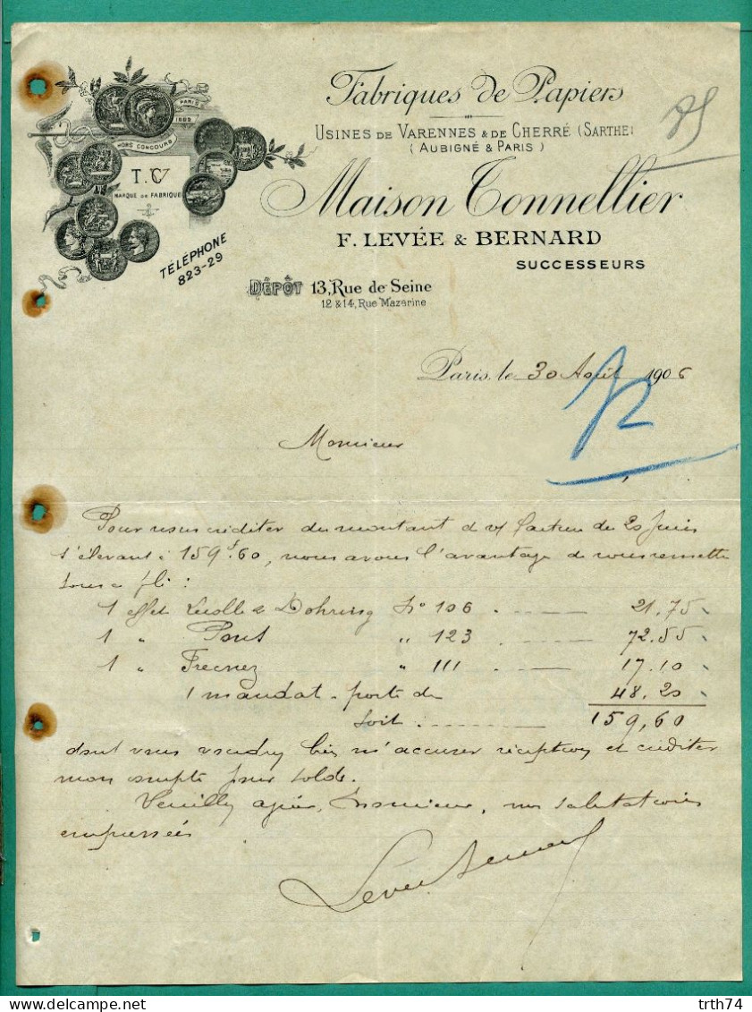 72 Varennes Cherré Aubigné ( Sarthe )  75 Paris Fabrique De Papier Maison Tonnelier Levée Et Bernard 30 Aout 1906 - Druck & Papierwaren