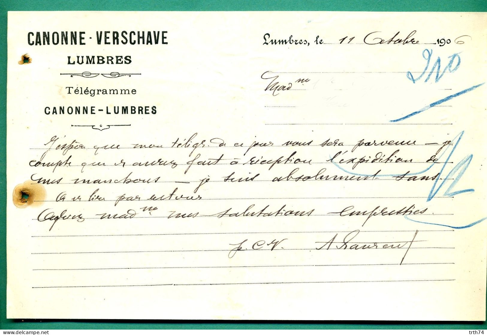 62 Lumbres Canonne Verschare 11 Octobre 1906 - Printing & Stationeries