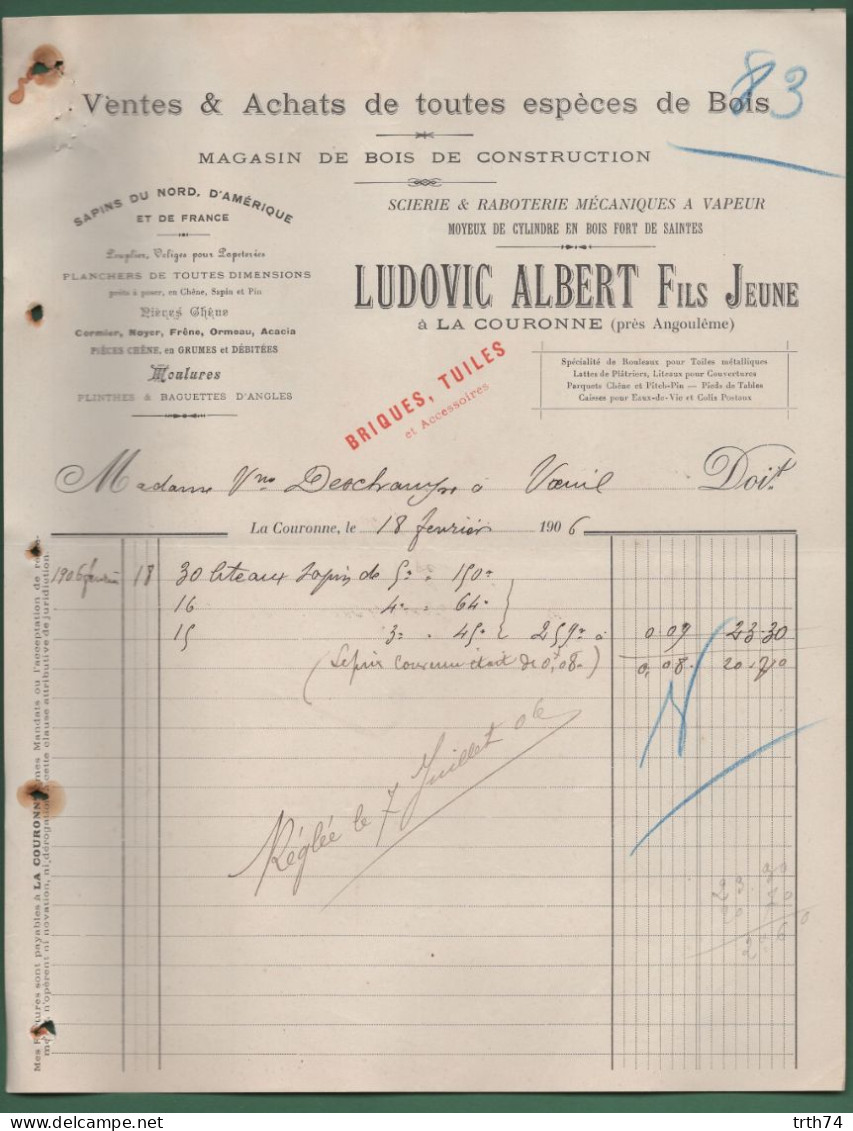 16 La Couronne Ludovic Albert Scierie à Vapeur Bois Cormier Noyer Ormeau Acacia Frêne Tuiles 18 02 1906 - Old Professions