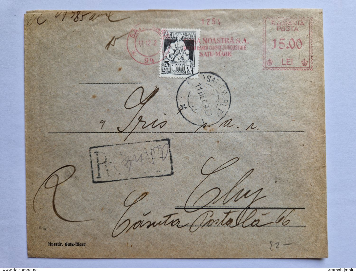 Romania. Cover With Red Meter Cancel And Support Stamp From Satu-Mare To Cluj. - Andere & Zonder Classificatie