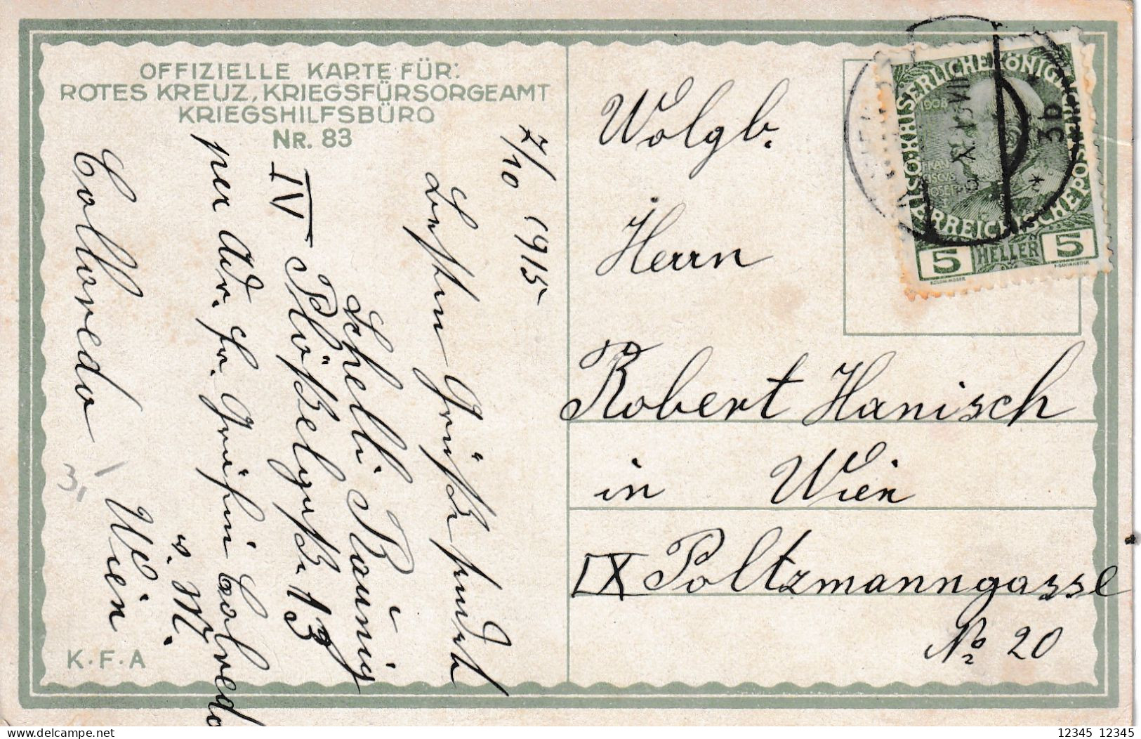 Postcard 1915, Offiziele Karte Für Rotes Kreuz, Kriegsfürsorgeamt Kriegshilfsburo Nr. 83 - Guerre 1914-18