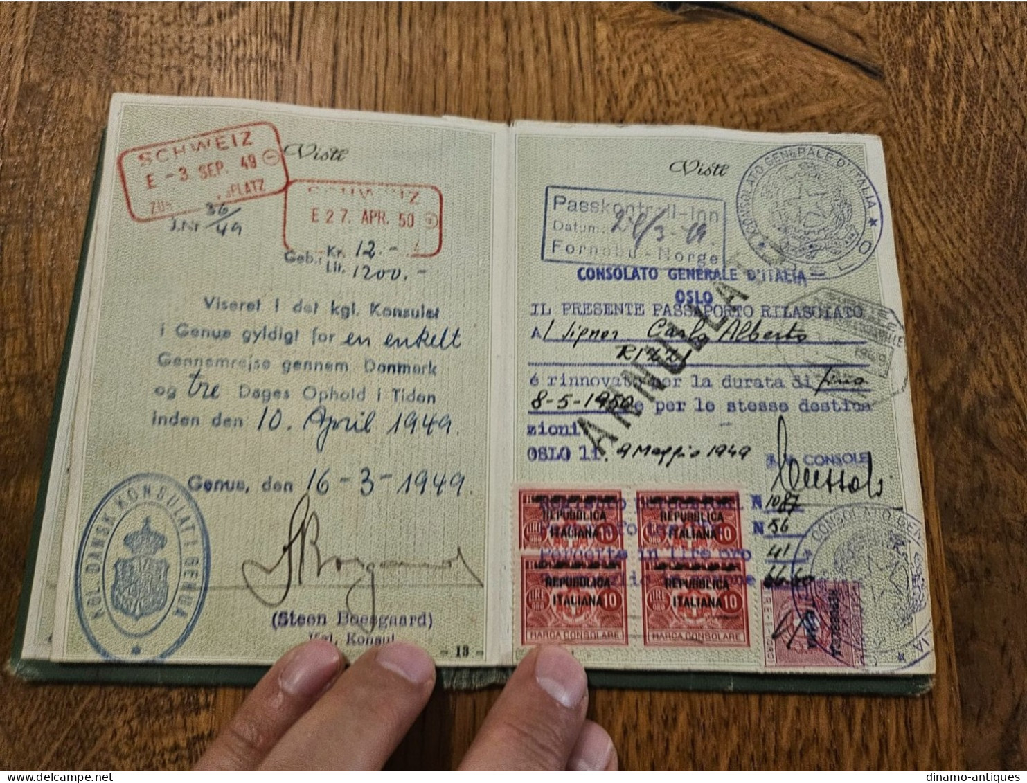 1948 Italy passport passeport issued in Genova for travel to Switzerland Norway Denmark Sweden revenues fiscal