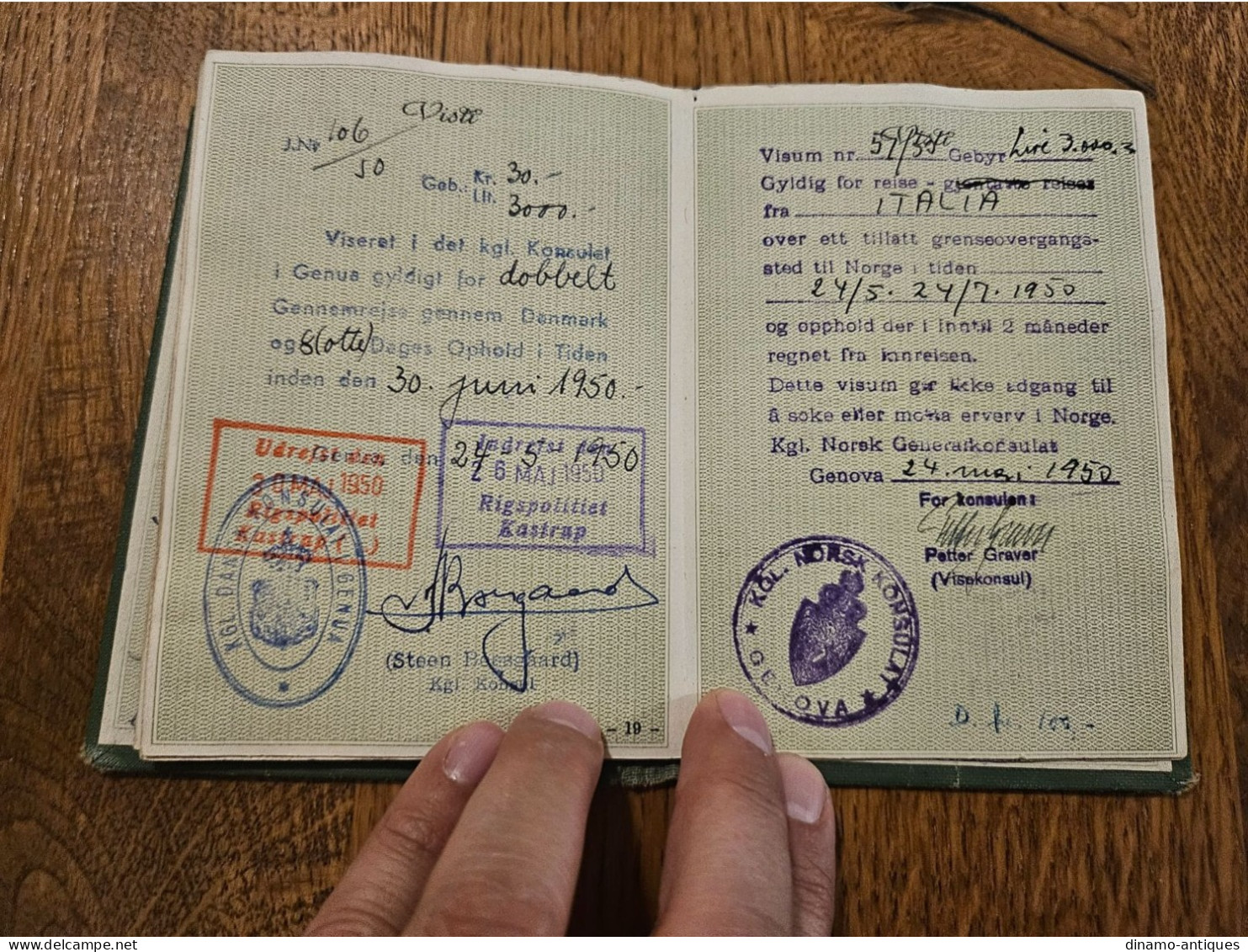 1948 Italy passport passeport issued in Genova for travel to Switzerland Norway Denmark Sweden revenues fiscal