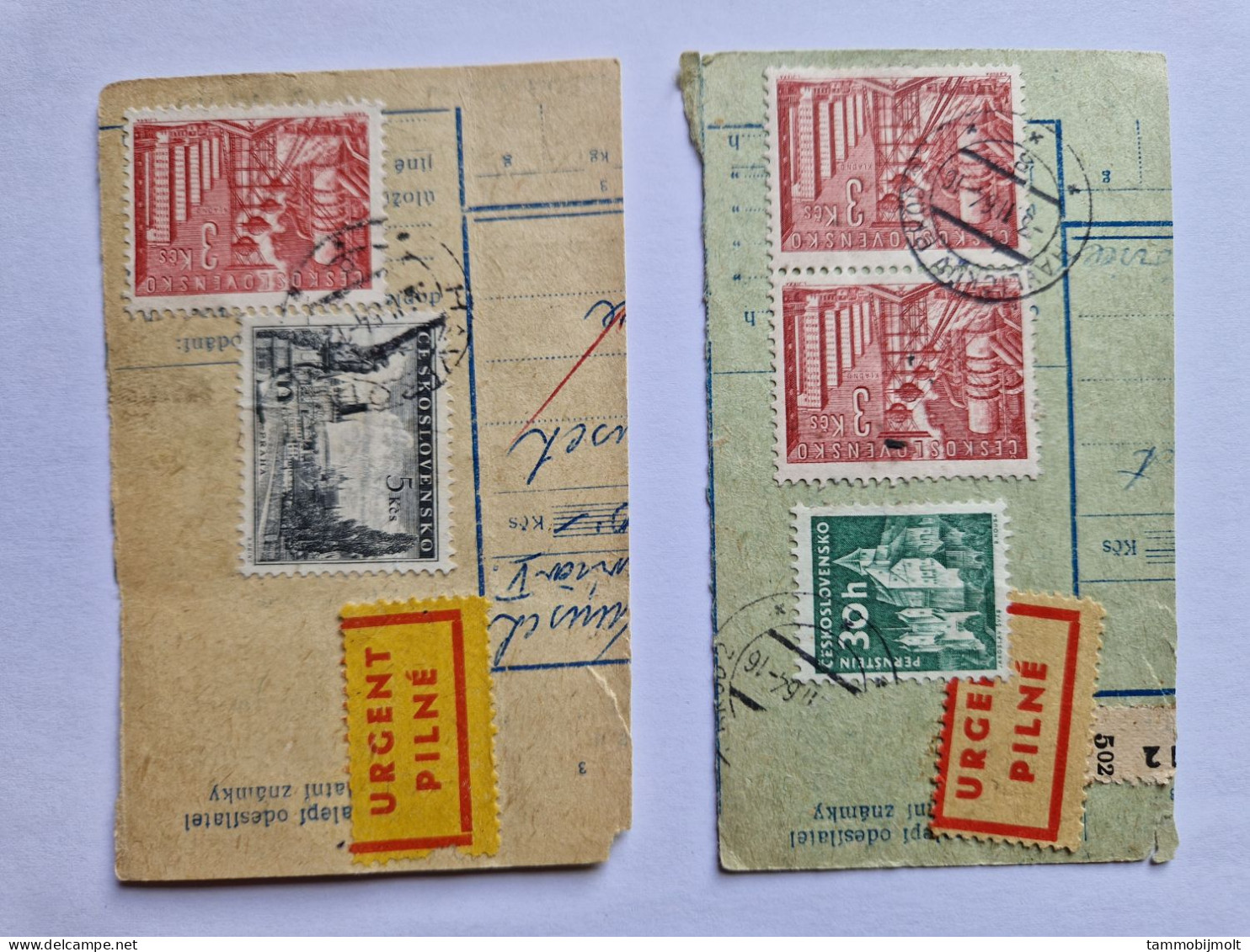 Czechoslovakia. Two Parts Of Parcel Cards With Stamps And "Urgent". - Autres & Non Classés