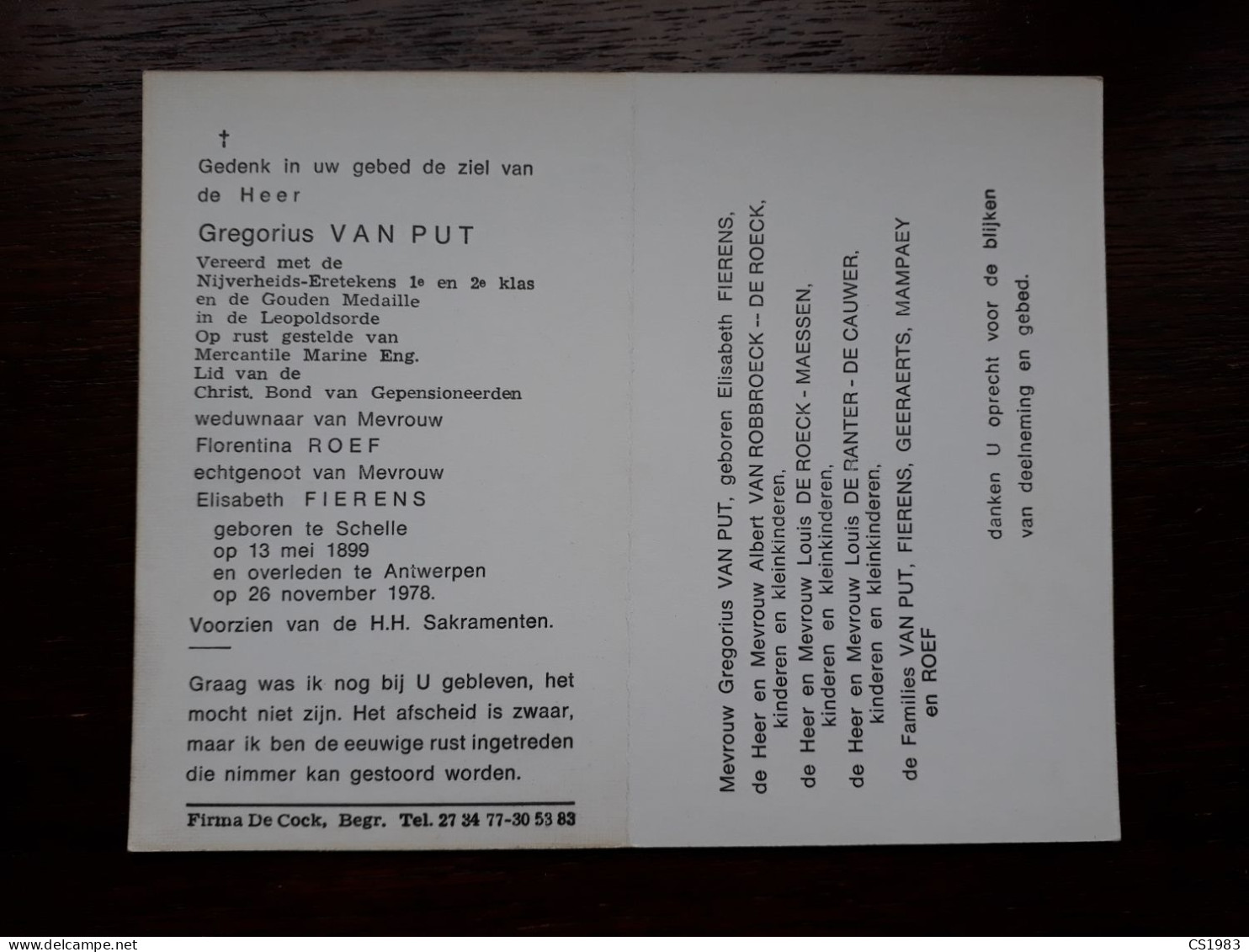 Op Rust Gestelde Mercantile Marine Engineering - Gregorius Van Put ° Schelle 1899 + Antwerpen 1978 X Roef En Fierens - Avvisi Di Necrologio