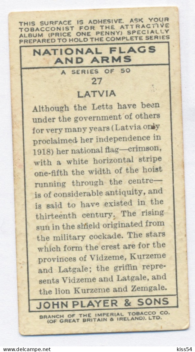 FL 19 - 27-a LATVIA National Flag & Emblem, Imperial Tabacco - 67/36 Mm - Objetos Publicitarios
