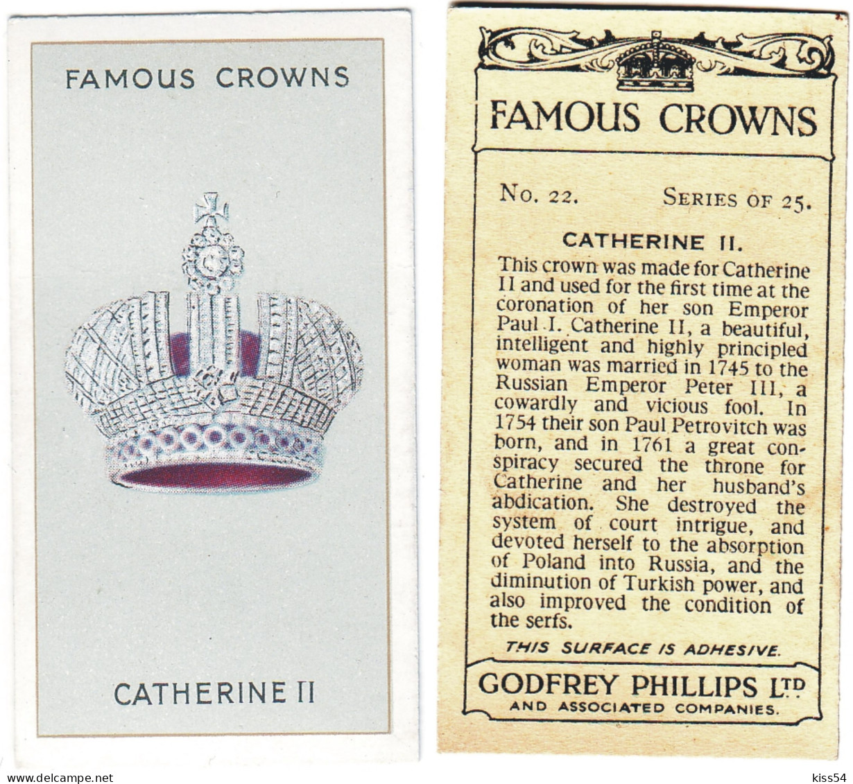 CR 8 - 22b Famous Crown, RUSSIA, CATHERINE II - Godfrey Phillips -1938 - Phillips / BDV