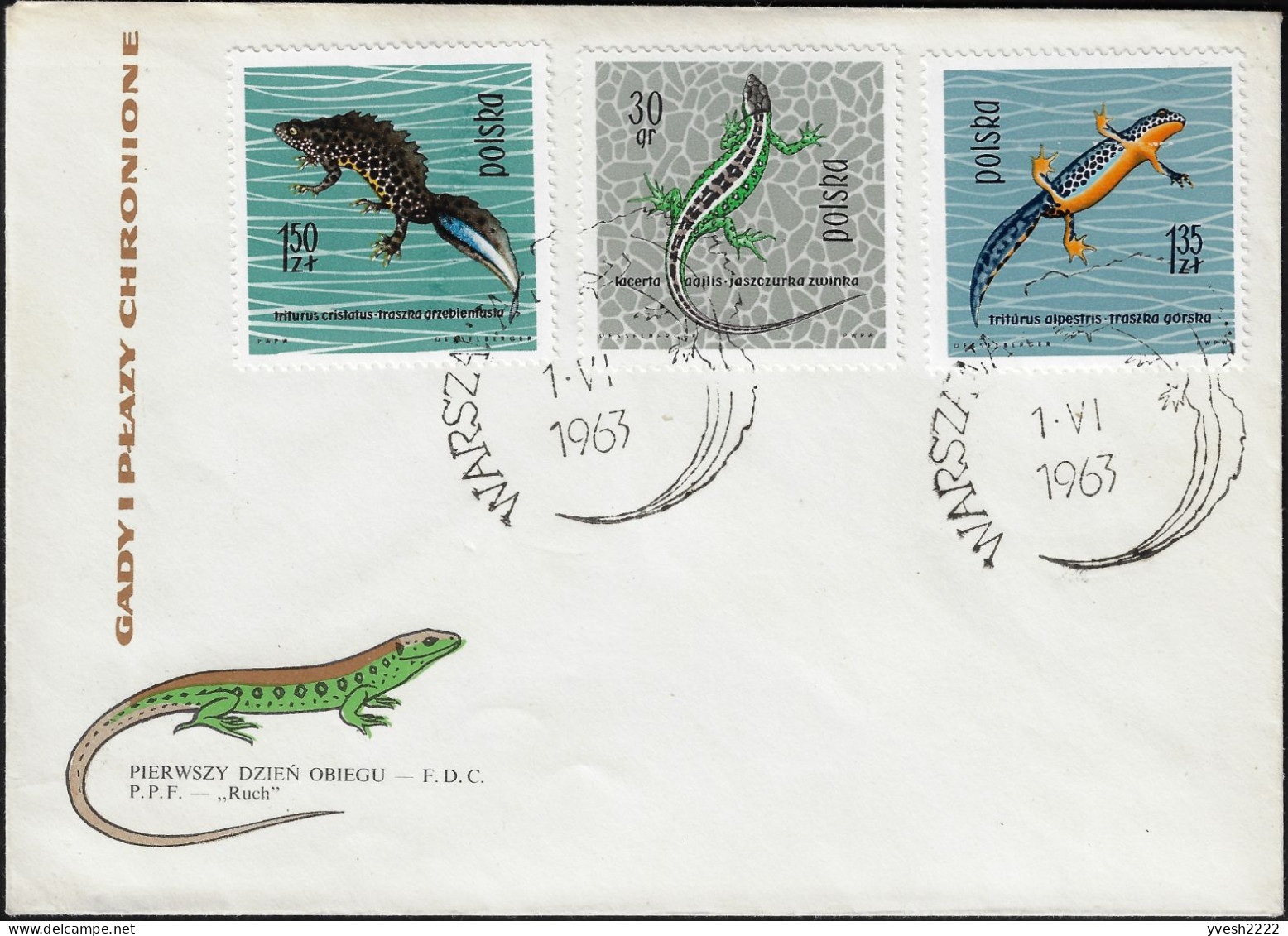 Pologne 1963 Y&T 1259, 1265 Et 1266 Sur FDC. Protection Des Reptiles Et Amphibiens. Lézard Et Tritons - Sonstige & Ohne Zuordnung