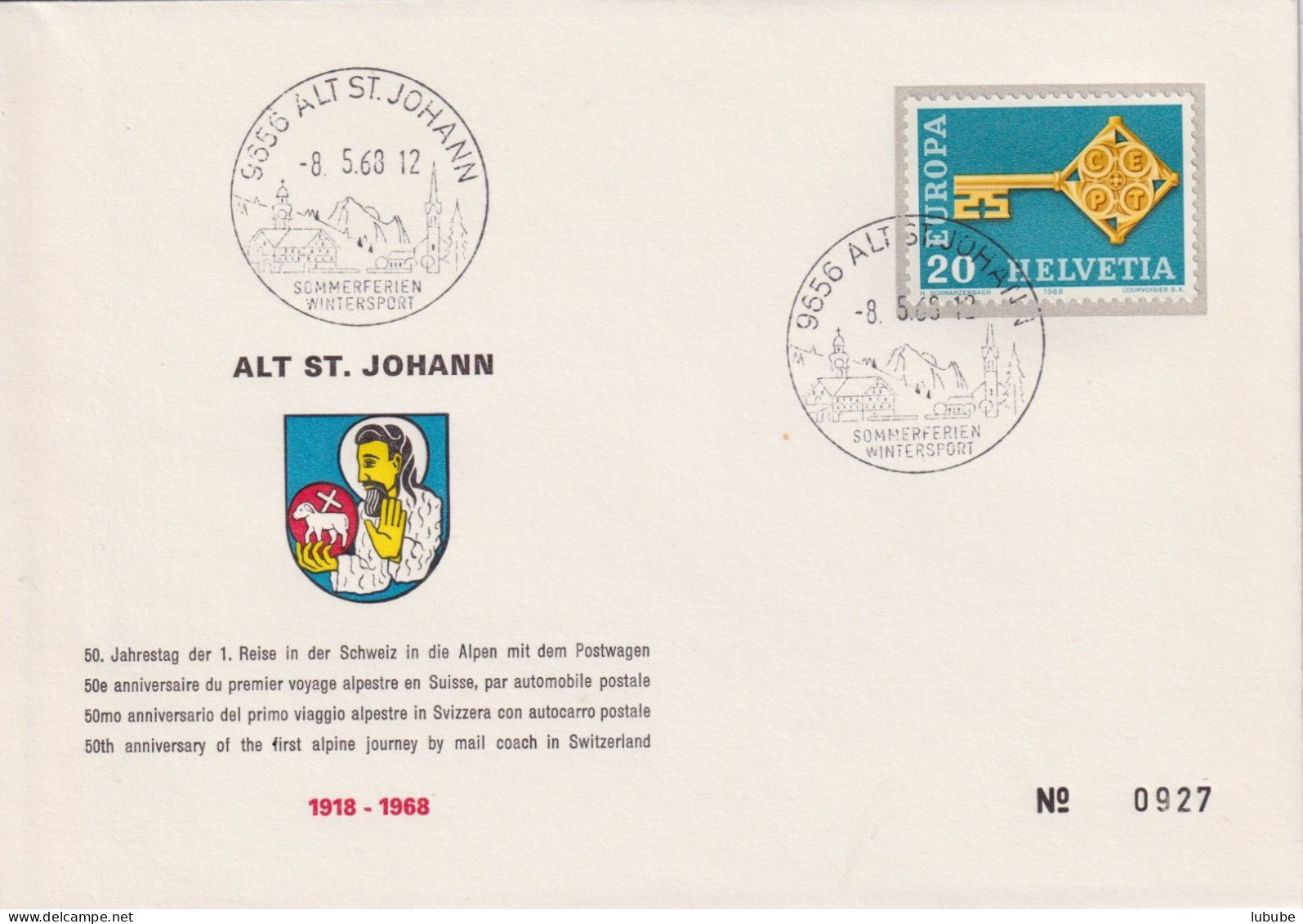 Sonderbrief  "50. Jahrestag Erste Postwagenreise In Die Alpen, Alt St.Johann"      1968 - Covers & Documents