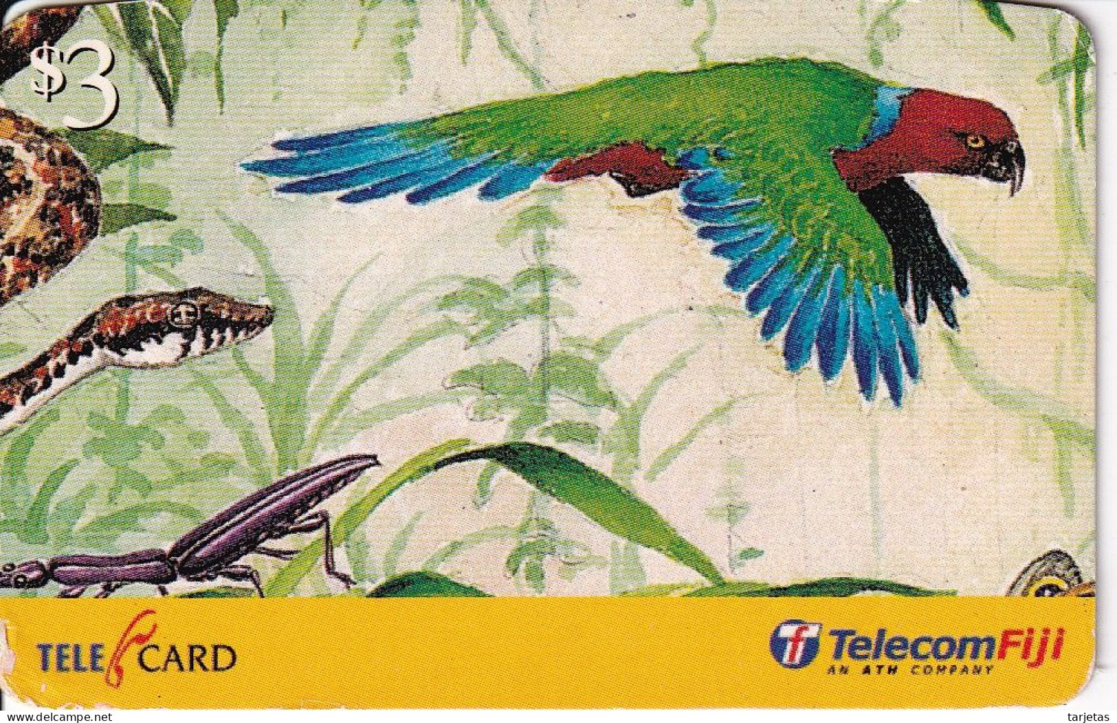 TARJETA DE FIJI DE $3 DE UN LORO Y UNA SERPIENTE (PARROT-SNAKE) - Fidji